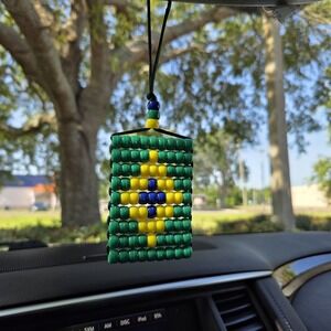 Brazil Flag Car Danglers . Mini Beaded Flag 2.5" x 3". Adjustable.